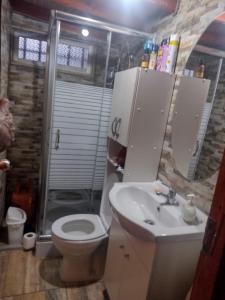 een badkamer met een toilet, een wastafel en een douche bij Cabañas El Remanso in Linares