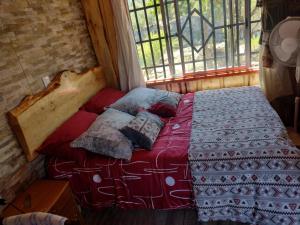 a bed in a room with a window at Cabañas El Remanso in Linares