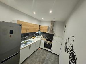 a small kitchen with a refrigerator and a sink at A Place 4 U no22 in Athens