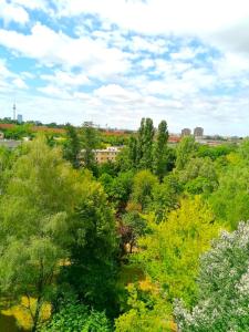 an overhead view of a forest of trees and buildings at Cozy trendy spacious room in green area 12 min. near to the center Alexanderplatz in Berlin