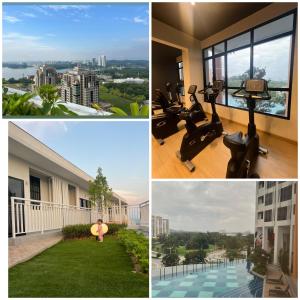 a collage of photos of a hotel room with fitness equipment at Aisha’s staycation big patio Putrajaya in Putrajaya