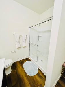 a bathroom with a shower and a toilet at New House family friendly near Six Flags Sea World in Helotes