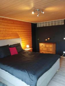 een slaapkamer met een groot bed en een dressoir bij Gîte du Cheval Blanc in Sainte-Ode