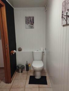 een badkamer met een wit toilet in een kamer bij Gîte du Cheval Blanc in Sainte-Ode