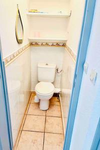 uma pequena casa de banho com WC e espelho em Maison au bord de l'eau em Gruissan
