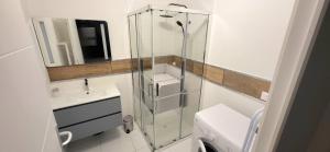 une salle de bain avec une douche en verre et un lavabo dans l'établissement Résidence "Winston" proche cure, à Jonzac 11 autres photos