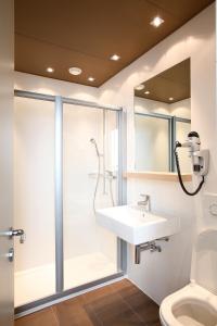 W łazience znajduje się prysznic i umywalka. w obiekcie Rivage Hotel Restaurant Lutry w Lozannie