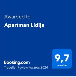 Certifikát, hodnocení, plakát nebo jiný dokument vystavený v ubytování Apartman Lidija