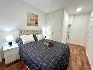 1 dormitorio con 1 cama con manta de cuadros azul en Bustos Dreams, en Madrid