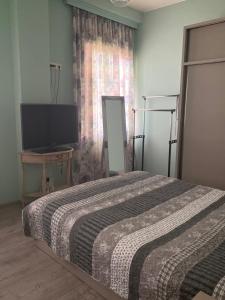 a bedroom with a bed and a flat screen tv at Comfortable Apartment Balakhvani in Kutaisi