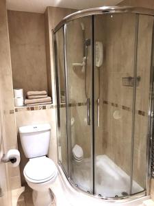 a bathroom with a toilet and a glass shower at Beautiful holiday flat in Alnwick in Alnwick