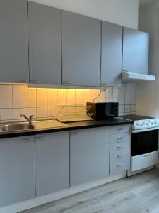 a kitchen with white cabinets and a sink at Concept Exodo Apartments in Oslo