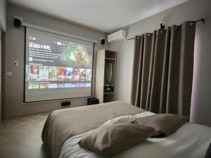 een slaapkamer met een bed en een projectiescherm bij Appart Hotel Cinéma Perpignan in Perpignan
