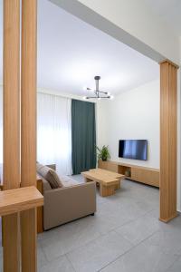 sala de estar con sofá y TV de pantalla plana en INOHO Fern Apartment, en Xanthi