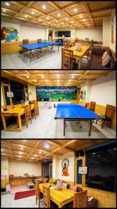 two pictures of a ping pong table in a room at The Forest Pinnacle & Café, Manali in Manāli