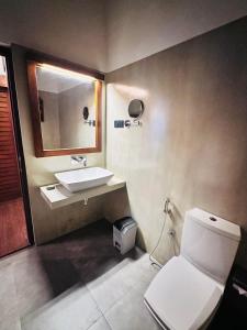 La salle de bains est pourvue de toilettes, d'un lavabo et d'un miroir. dans l'établissement Kubura Resort, à Anurâdhapura