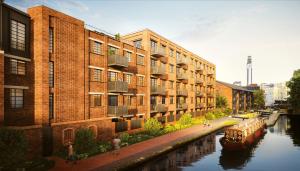 a rendering of a canal next to a building at Boutique Grade II Listed Gem, City centre, Fast WiFi, Family/ contractors in Birmingham