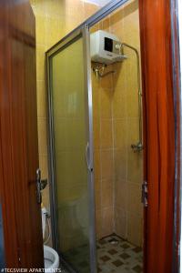 a bathroom with a shower with a glass door at Tegsview Apartments, Ughelli in Ughelli