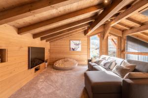 a living room with a couch and a tv at Chalet Alpen in Praz-sur-Arly