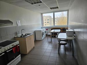 uma cozinha com um lavatório, uma mesa e cadeiras em Kėdainių profesinio rengimo centras em Kėdainiai
