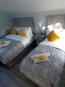 2 letti posti uno accanto all'altro in una camera da letto di Tiernan's luxury triple room Ensuite a Newtown-Dillon