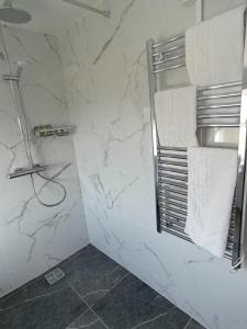 uma casa de banho com chuveiro e paredes em mármore branco em Tiernan's luxury triple room Ensuite em Charlestown
