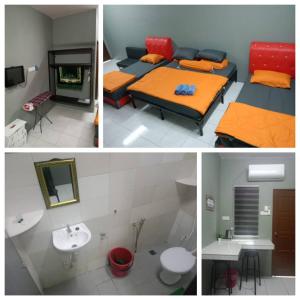 3 fotos de un dormitorio con 2 camas y lavamanos en ROOMSTAY BIENA SANA, en Pekan