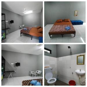 4 fotos de un dormitorio con cama y baño en ROOMSTAY BIENA SANA, en Pekan