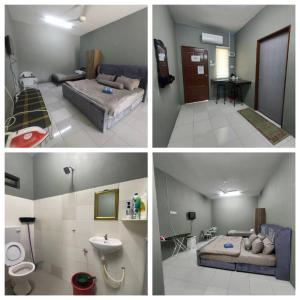 4 fotos diferentes de un dormitorio y un baño en ROOMSTAY BIENA SANA, en Pekan