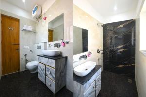 duas imagens de uma casa de banho com lavatório e WC em FabHotel Flying Kiwi em Mohali