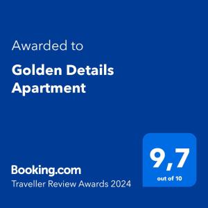 Certifikát, hodnocení, plakát nebo jiný dokument vystavený v ubytování Golden Details Apartment