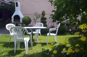 four white chairs and a table in the grass at Ferienhaus am See in Krakow am See