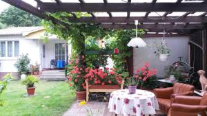 a pergola with a table and flowers in a yard at Ferienhaus am See in Krakow am See
