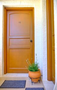 drzwi z doniczką przed nimi w obiekcie Houmis Apts & Studios w mieście Agios Georgios Pagon
