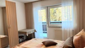 a bedroom with a bed and a large window at Ferienwohnung Oberschieda in Kirchenlamitz