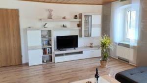 a living room with a television and white shelves at Ferienwohnung Oberschieda in Kirchenlamitz