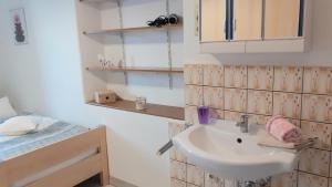 a bathroom with a sink and a bed at Ferienwohnung Oberschieda in Kirchenlamitz +32 photos