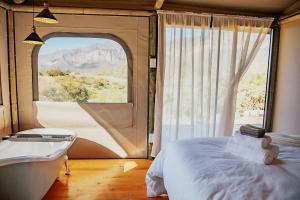 a bedroom with a tub and a bed and a window at Ontevreden Farm in Montagu