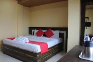 a bedroom with a large bed with red pillows at Hotel Kalash , Kalimpong in Kalimpong