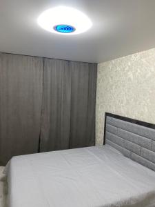 Schlafzimmer mit einem großen Bett und einer Decke in der Unterkunft Трёхкомнатные апартаменты in Öskemen