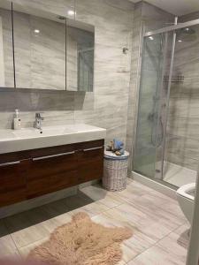 a bathroom with a sink and a shower and a toilet at Fully furnished , luxury, site with Pool in Ankara