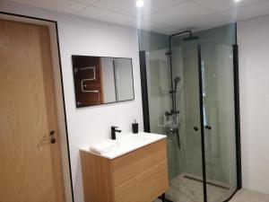 a bathroom with a sink and a shower at Liiva Guest Accommodation in Tartu