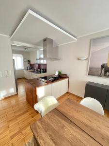 a living room with a kitchen and a dining table at Apartmenthaus Thommen in Nürnberg