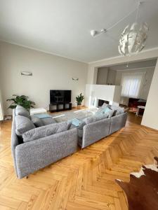 sala de estar con 2 sofás y suelo de madera en Apartmenthaus Thommen, en Núremberg