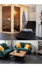 - un salon avec un canapé et une table basse dans l'établissement NOVO MESTO - Exklusive Wellnesswohnung am Eltenberg mit Sauna & Gym, à Elten