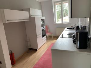 kuchnia z białymi szafkami i różowym dywanem w obiekcie Ferienwohnung Bella w mieście Bergholz