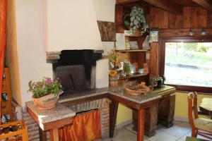 a kitchen with a brick fireplace with a table and a counter at AGRITURISMO B&B BIO LA TANA DEL LELE in Serra San Quirico