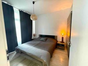 a bedroom with a bed and a pendant light at Amazing large 2,5rooms with terrace and parking! in Bratislava