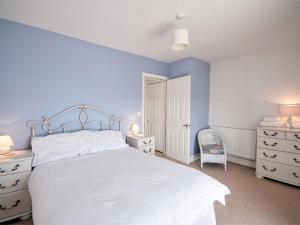 a bedroom with a white bed and blue walls at 2 Bed in Aberdovey DY004 in Aberdyfi