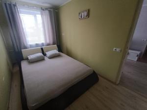 1 dormitorio con 1 cama con 2 almohadas en Rahu34, en Jõhvi